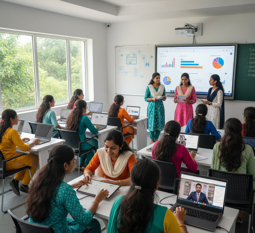 Students at PKR Arts College engaged in a modern classroom using laptops and tablets, while three students present data on a large digital screen, highlighting the use of ICT in education.