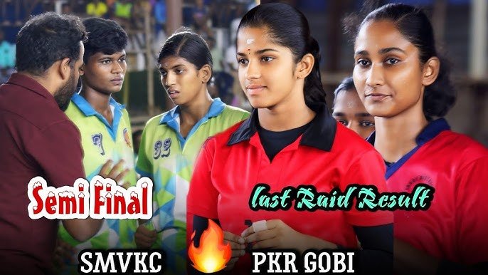 PKR Arts College for Women’s Kabaddi players in red jerseys during the semi-final match against SMVKC, showing focus and determination in the Chief Minister’s Trophy 2025 tournament.