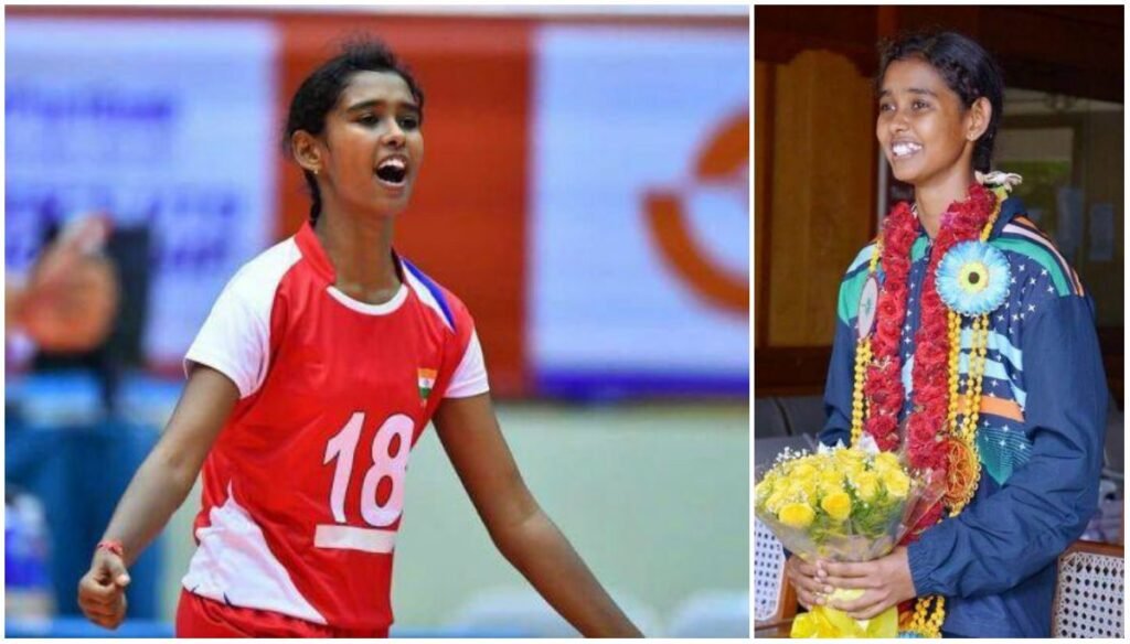 PKR Arts College for Women volleyball player celebrating victory and receiving award for outstanding sports achievement